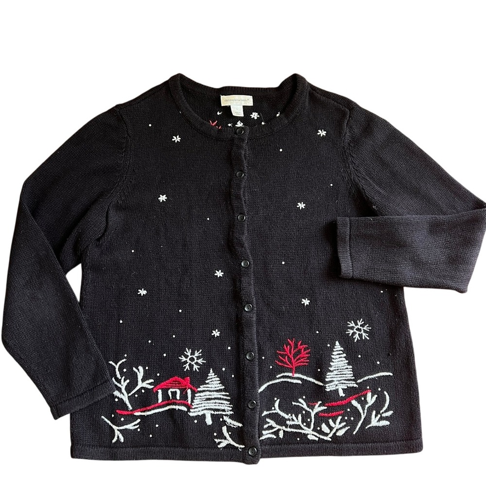 VTG Christopher‎ & Banks Winter Cardigan Women L Black Red Cottagecore Holiday